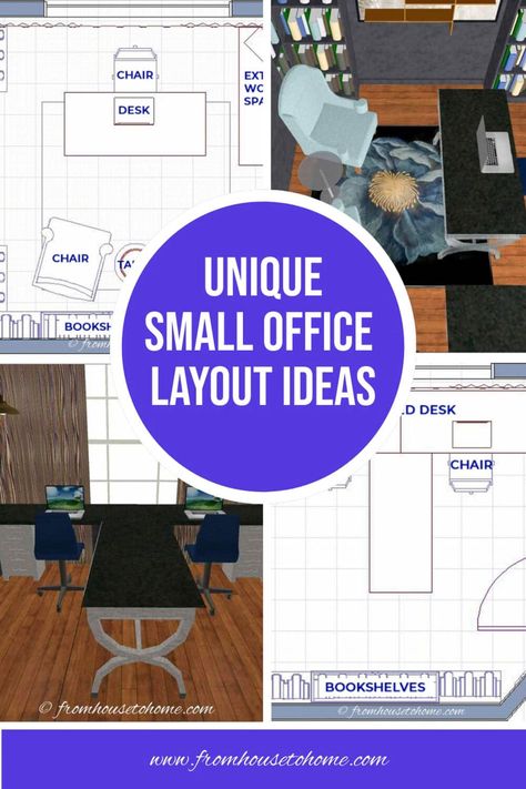 unique small office layout ideas L Desk Office Layout Small Spaces, Desk In Middle Of Room Home Offices, Home Office Desk In Front Of Window Work Spaces, Home Office Rectangle Room, Small Home Office L Shaped Desk Layout, 3 Person Office Layout Desks, 10x6 Office Layout, 2 Desk Office Layout Ideas, Small Office Arrangement Layout