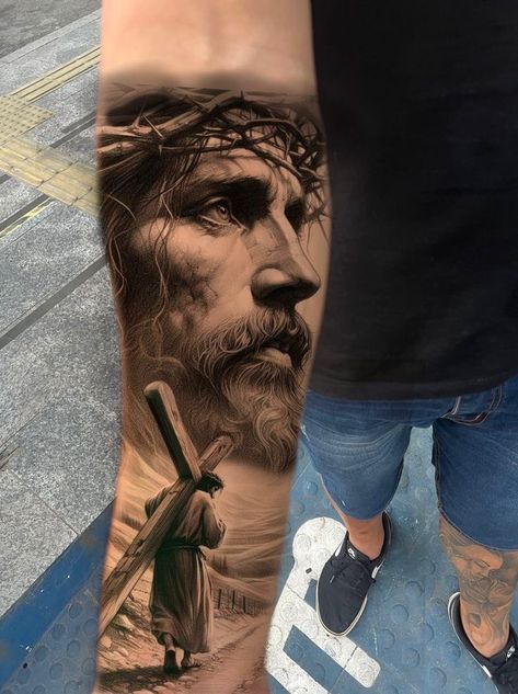 Chest God Tattoo, Tattoo Jesus Cristo, Jesus Forearm Tattoo, Jesus On Cross Tattoo, Jesus Tattoo Sleeve, Religious Tattoo Sleeves, Polka Tattoo Designs, Christus Tattoo, Religion Tattoos