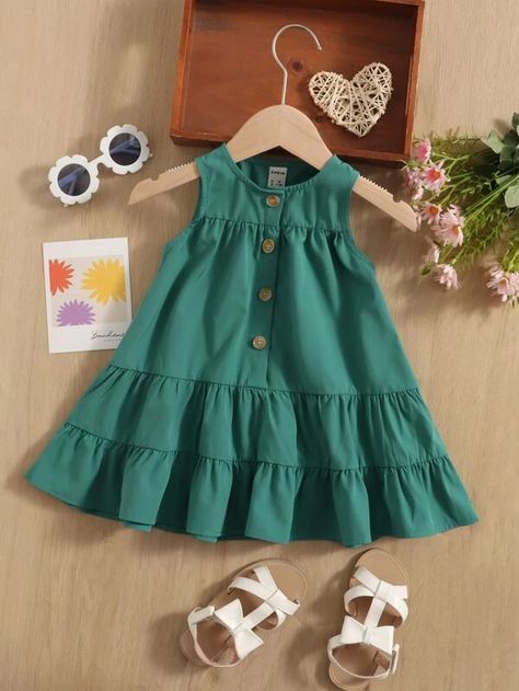 SHEIN Baby Half Button Ruffle Hem Dress | SHEIN USA Babies Frocks, Baby African Clothes, Baby Girls Dresses, Kids Dress Collection, Girls Dresses Sewing, Cadet Blue