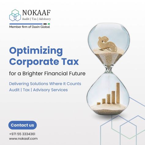 Optimize your corporate tax strategy for a brighter financial future with NOKAAF Auditors. Our expert team delivers tailored solutions that matter, offering comprehensive audit, tax, and advisory services. Enhance compliance, maximize savings, and drive sustainable business growth by partnering with us. Feel free to reach out to us at: ☎️: +971 55 3334361 📩: info@nokaaf.com #NOKAAF #DAXINGLOBAL #NOKAAFAuditors #Dubai #UAEAudit #UAE #CorporateTax #Audit #Tax #Advisory #BusinessGrowth Corporate Tax, Tax Consulting, Design Identity, Tax Services, Accounting Firms, Flyer And Poster Design, Sustainable Business, Creative Ads, Design Typography