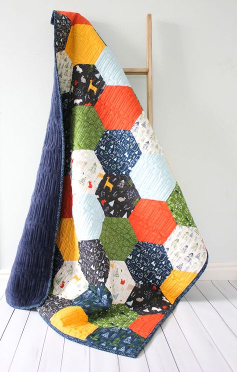 In the Forest – Easy Hexagon Quilt – Riley Blake Designs Hexagon Baby Quilt Pattern, Easy Hexagon Quilt, Large Hexagon Quilt Pattern, Large Hexagon Quilt, Honeycomb Quilt Pattern, Half Hexagon Quilt, Hexagon Quilt Patterns, Octagon Quilt Pattern, Hexagon Quilts Ideas Inspiration