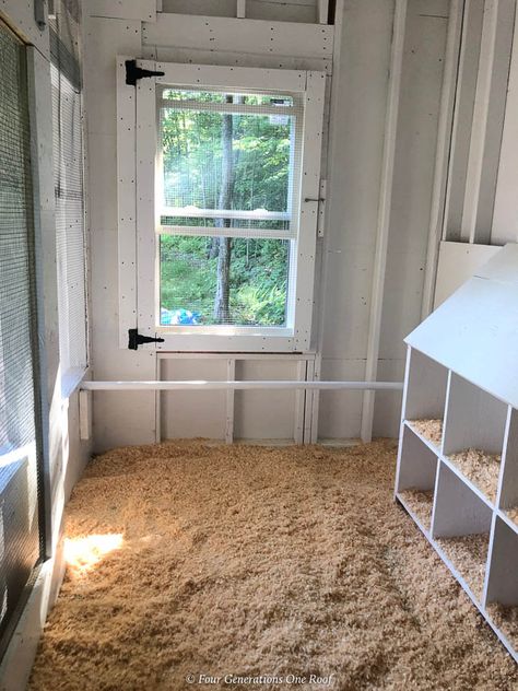 Chicken Coop White Interior with Nesting Boxes, rubber floor mats, diy screen window Coop Color Ideas, Chicken Coop Interior, Coop Interior, Walk In Chicken Coop, Chicken Shed, Backyard Chicken Coop Plans, Chicken Coup, Diy Chicken Coop Plans, Chicken Coop Run