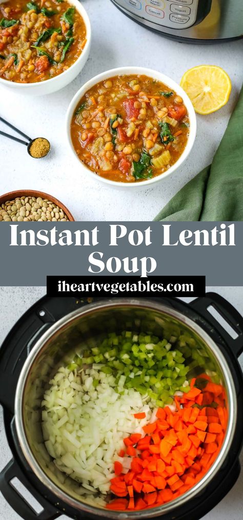 This Instant Pot Lentil Soup is loaded with vegetables for a healthy, filling meal. This cozy recipe is perfect for a busy weeknight since it cooks quickly in the Instant Pot. Lentil Soup Instant Pot, Brown Lentil Soup, Instant Pot Lentil Soup, Quick Vegetarian Dinner, Vegan Lentil Soup, Roasted Butternut Squash Soup, Instant Pot Soup Recipes, Lentil Soup Recipes, Red Lentil Soup