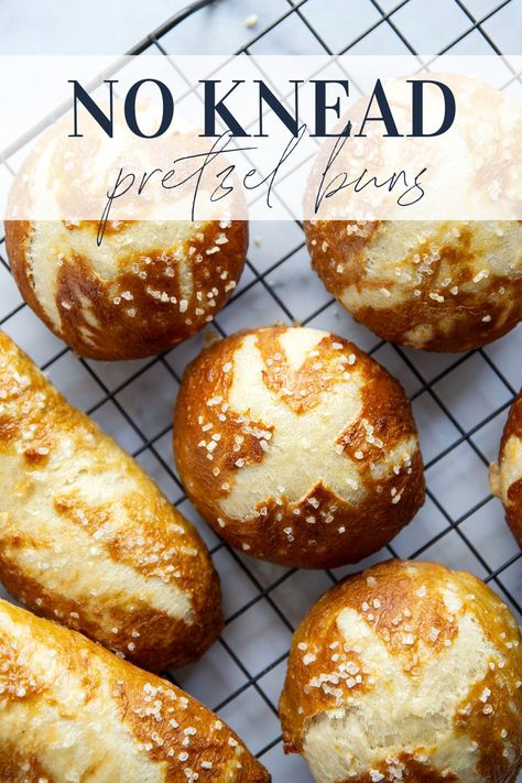 These no-knead pretzel buns are perfectly soft and sturdy inside with a golden, crispy exterior. Use them as a base for hamburgers, hot dogs, brats, and pretty much any sandwich you can think of! Pretzel Sandwich Buns, Pretzel Buns Recipe, Pretzel Bun Recipe, Pretzel Sandwich, Pretzel Buns, Pretzel Dogs, Baked Pretzels, Pretzel Rolls, Pretzel Bun