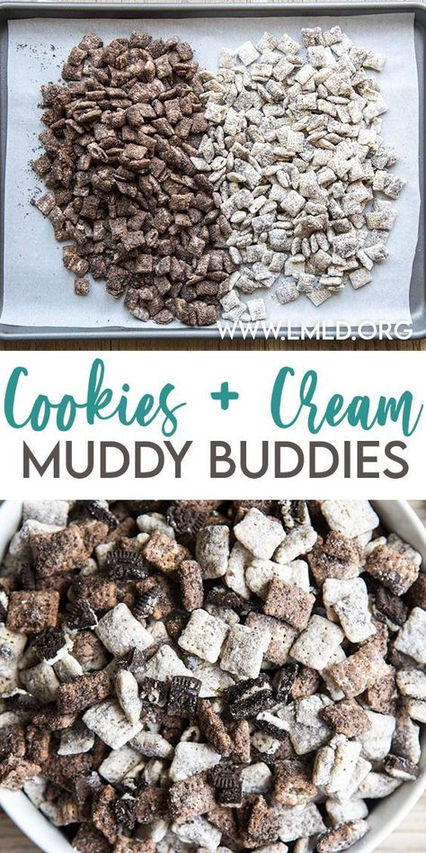 Muddy Buddies Cookies And Cream, Cookies And Cream Chex Mix Recipe, Oreo Muddy Buddies, Fun Chex Mix Recipes, Cookies And Cream Muddy Buddies, Muddy Buddy Flavors, Cookies And Cream Puppy Chow, Muddy Buddy Recipe No Peanut Butter, Muddy Buddy Recipe Christmas