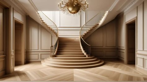 Luxurious Modern Parisian Grand Foyer with Double Staircase and Brass Balustrade | MUSE AI Double Staircase Foyer Modern, Grand Staircase Modern, Brass Balustrade, Double Staircase Foyer, Grand Staircase Entrance, Dual Staircase, Modern Parisian, Double Staircase, Grand Foyer