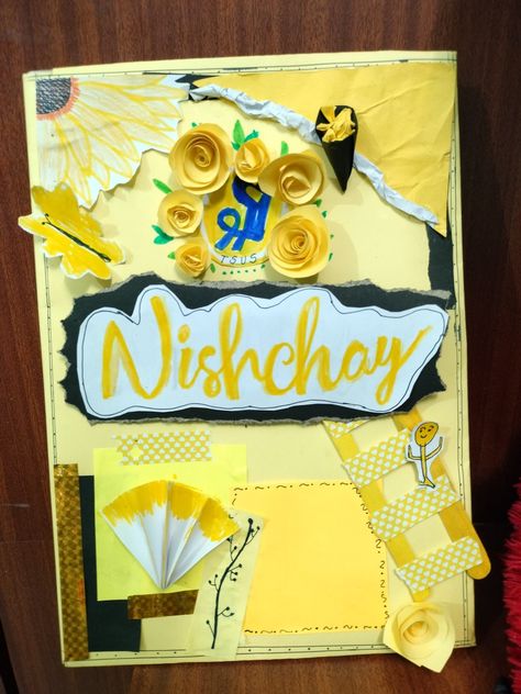 Yellow house( Nishchay) Register record cover idea.. File Decoration Ideas Cover, First Page Of Project, Cover Page For Project, Aesthetic Note, Project Cover, File Decoration, Book Cover Page Design, Project Cover Page, Register Covers