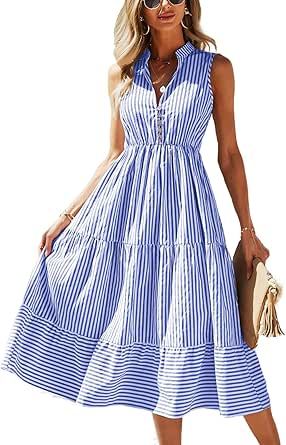 BROVAVE Womens 2024 Summer Sleeveless Shirt Dress Collar Striped V Neck Casual Midi Dresses Hemp Dress, Beach Holiday Dresses, Sleeveless Shirt Dress, Sleeveless Long Dress, Striped Shirt Dress, Midi Dress Casual, Long Summer Dresses, Vestido Casual, Flowy Dress