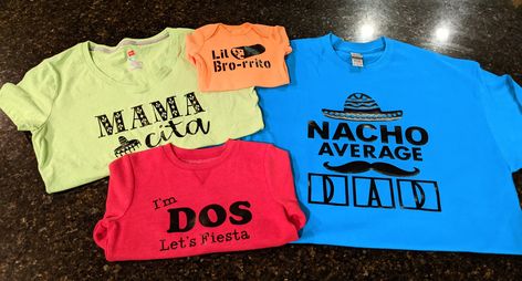 Taco TWOsday Birthday Party family shirts.
I'm DOS Let's Fiesta
Mama-cita
Nacho Average Dad
Lil Bro-rrito Two Taco Birthday Party, Taco 2 Birthday Party, Fiesta Theme Party 2nd Birthday, Taco Tuesday Birthday Party, Taco Birthday Party Ideas, Two Spicy Birthday, Dos Birthday Party Fiesta, Twosday Birthday Party, Two Fiesta Birthday Party