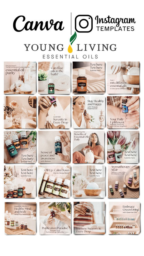 Young Living Essential Oils Instagram Templates Pack | Aromatherapy Templates | Young Living Design, Marketing & Social Media | IG stories Essential Oils Instagram Feed, Insta Theme, Young Living Business, Living Oils Recipes, Thieves Essential Oil, Young Living Essential Oils Recipes, Ig Templates, Young Living Oils, Engaging Content