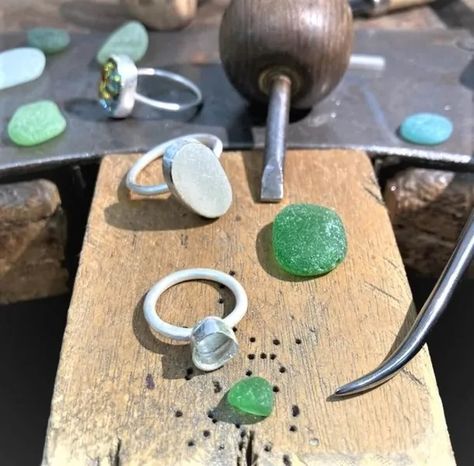 Beach Glass Stone Setting Bronze Award, Hammered Silver Ring, Silver Clay, Argentium Silver, Glass Rings, Stone Setting, Traditional Jewelry, Craft Shop, Hammered Silver