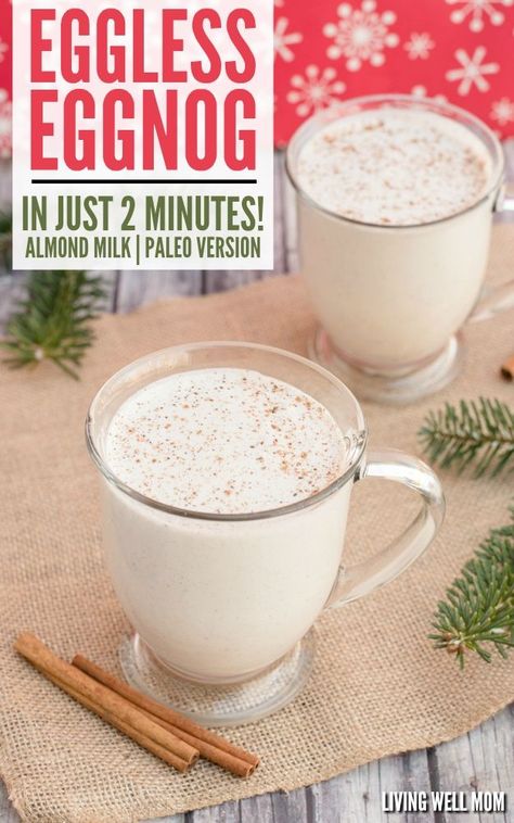 Enjoy this holiday classic even if you’re dairy free! Eggless eggnog is easy to make with ingredients already in your kitchen. Plus, you can add an alcoholic twist with a splash of rum! Eggless Eggnog Recipe, Eggless Eggnog, Almond Milk Egg Nog, Dairy Free Egg Nog, Eggnog Recipe Homemade, Vegan Eggnog, Homemade Eggnog, Vegan Egg, Eggless Recipes