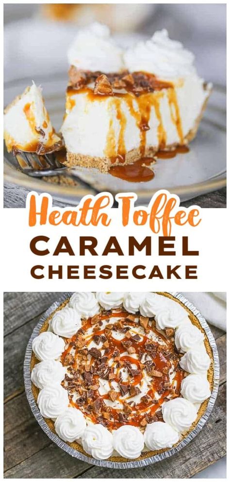 Easy Caramel Heath Cheesecake Pie - This Easy Caramel Heath Cheesecake Pie will make the family swoon with delight! It's a heavenly, no-bake creamy cheesecake in a pre-made graham cracker crust, topped with rich, sweet caramel sauce and Heath toffee bits. Heath Bar Cheesecake Recipe, Heath Cheesecake, Heath Bar Cheesecake, Heath Desserts, Heath Bar Recipes, Popular Cheesecake Flavors, Heath Toffee, Quick Cheesecake, Toffee Cheesecake