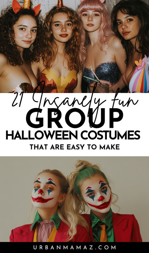 Perfect College Halloween Costume Ideas for Groups Funny Group Of 6 Halloween Costumes, Friend Group Halloween Costumes College, Scary Movie Group Costumes, Group Halloween Costumes Unique, Halloween Themes Costumes, Funny Halloween Costumes For Groups, Creative Scary Halloween Costumes, Group Work Costumes, The Craft Halloween Costume