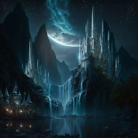 Elvish city of stars Star Kingdom Aesthetic, Elf Kingdom Fantasy Art, Fantasy City At Night, City Of Stars Aesthetic, Elvish Kingdom, Fae City, Elvish City, Book Aesthetic Photo, Lunar Kingdom