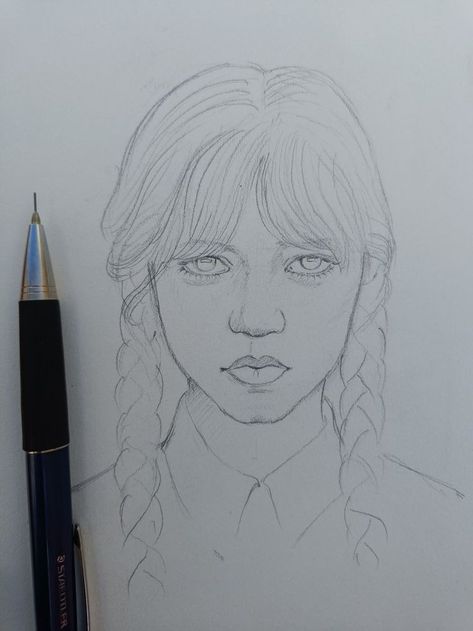 Wednesday Anime Drawing, Wednesday Addams Drawing Easy Jenna Ortega, Person Pencil Sketch, Wensday Art Drawing, Drawing Wensday, Wensday Drawing Easy, Wednesday Pencil Drawing, Wensday Sketch, Wednesday Addams Drawing Sketch