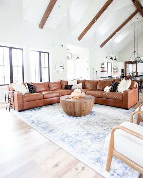 Wood Beams Vaulted Ceiling, Modern Brown Leather Couch, Living Room Wood Beams, Beams Vaulted Ceiling, Leather L Shaped Couch, Brown Couch Pillows, Brown Leather Couch Living Room, Brown Sofa Living Room, Leather Couches Living Room