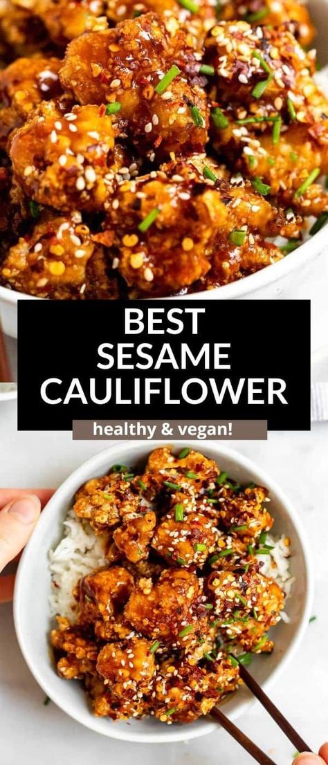 This vegan sticky sesame cauliflower is healthy, easy to make and baked until crispy. Then it's coated in a healthy sesame soy based sauce and served over rice. This healthy vegan dinner is easy to make and full of flavor. Appetizer For A Crowd, Sesame Cauliflower, Sticky Sesame Cauliflower, Chinese Takeout, Easy Vegan Dinner, Gluten Free Recipes For Dinner, Vegetarian Dinner, Cauliflower Recipes, Vegan Dinner Recipes