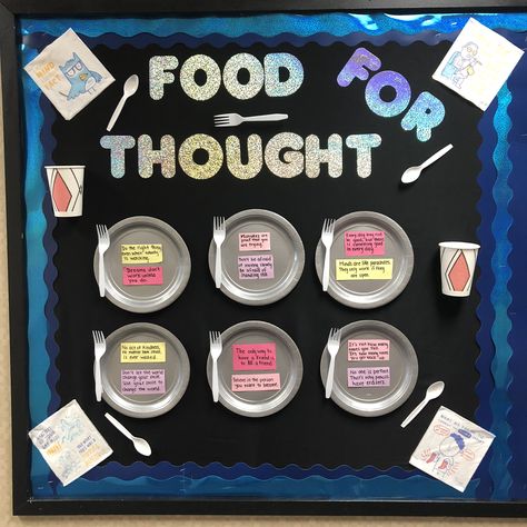 Food for Thought Bulletin Board Recipe Bulletin Board, Food Drive Bulletin Board Ideas, Facs Bulletin Boards, Food Bulletin Board Ideas, Fcs Bulletin Boards, Cooking Bulletin Board Ideas, Kitchen Bulletin Board Ideas, Culinary Bulletin Board Ideas, Culinary Arts Classroom Decor