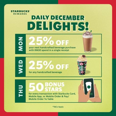 Starbucks Rewards Member December 2023 Promotions Promotion Social Media Design, Starbucks Promotion, Deals Design, Starbucks Store, Poster Food, Starbucks Rewards, Starbucks Card, Pizza Design, Retro Background