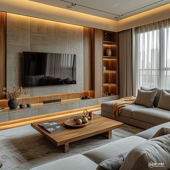 Tv Wall Design With Lights, Rustic Wall Tv, Floting Tv Unit, Tv Unit Design Modern Indian, Tv Cabinet Wall Design, Floating Tv Cabinet, Ruang Tv, Modern Tv Room, Tv Unit Furniture Design