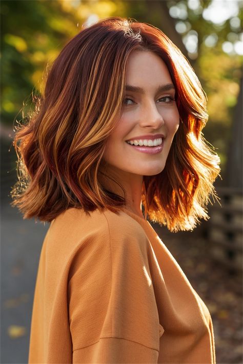 Fall is the perfect time to refresh your look with gorgeous balayage hair! This technique beautifully blends colors that can complement any length, whether you have long, medium, or shoulder-length hair. Imagine soft caramel highlights over rich brunette locks or subtle low lights adding depth to a chic bob. From stunning ombre effects to the trendy money piece highlights, balayage offers a low-maintenance way to enhance your natural beauty. #BalayageHair #FallHair #HairInspo #HairGoals Long Bob Copper Hair, Red Head Bob, Medium Length Fall Hair Color, Red Hair Long Bob, Shoulder Length Copper Hair, Soft Caramel Highlights, Fall Ombre Hair, Fall Bob, Money Piece Highlights