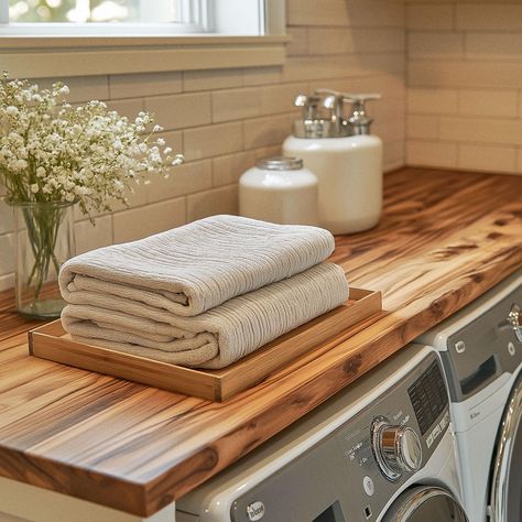 Custom Washer and Dryer Topper - Transform Your Laundry Room into a Stylish Workspace Elevate your laundry room effortlessly with our beautifully crafted Washer and Dryer Topper. Create a new and attractive workspace without the need for a complete overhaul! Product Highlights: Smooth, Protective Finish: Each topper is coated with durable polyurethane, providing a glossy surface that won't transfer color or wood fibers to your clothes. Customizable Dimensions: While the model shown measures 67" Washer Dryer Folding Counter, Laundry Room Grey Washer And Dryer, Laundry Countertop, Washer Dryer Countertop, Washer And Dryer Countertop, Rustic Farmhouse Laundry Room, Washer And Dryer Covers, Laundry Room Countertop, Farmhouse Laundry Room