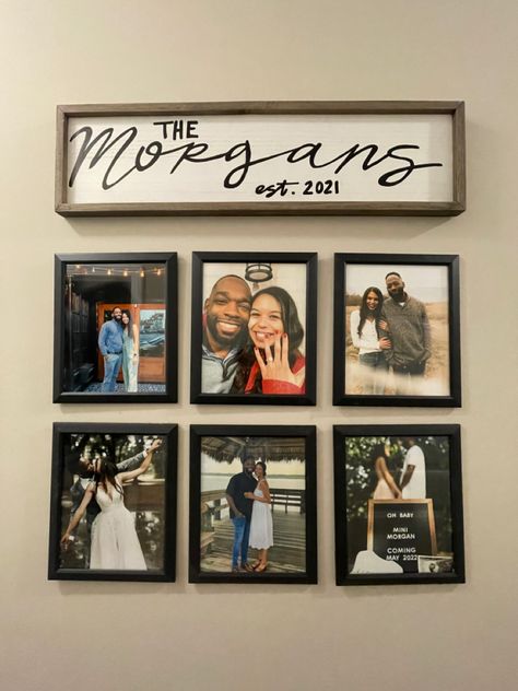 Wedding Picture Ideas Home Decor, Couple Wall Pictures Photo Displays, Couple Gallery Wall, Bedroom Decor Married Couple, Couples Framed Pictures, Wedding Wall Ideas For Home, Couple Pictures On Wall, Engagement Photo Display Home, How To Frame Wedding Photos