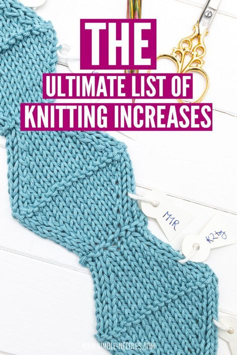 The ultimate list of knitting increases. Right-slanted, and left-slanted alternatives for every project. From beginner increases to advanced centered double increases for lace project - this list will have tutorials and videos for all of them. #knitting #knit #howto #tutorial #knittingtutorial #howtoknit #learntoknit Knit Increase, Double Knitting Tutorial, Advanced Knitting Techniques, Knitting Increase, Knitting 101, Cast On Knitting, Advanced Knitting, Knitting Hacks, Knitting Help