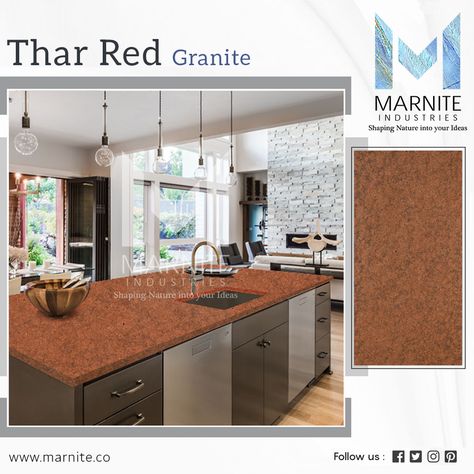 Red Counter Top Kitchen, Red Marble Kitchen Counter Tops, Red Granite Kitchen, Red Granite Countertops, Marble Kitchen Counters, Kitchen Colour Combination, Red Granite, Granite Tiles, Kitchen Appliances Design