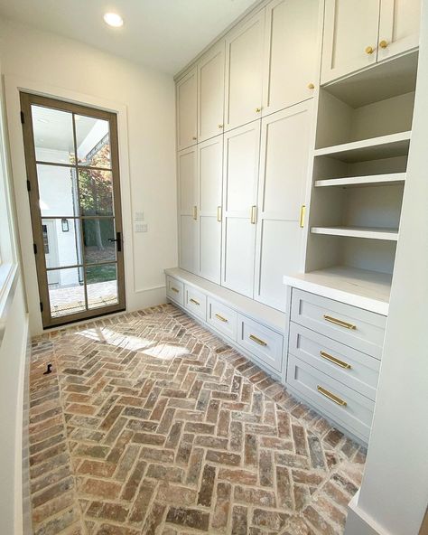 Brick Floors Mudroom, Herringbone Brick Floor, Mudroom Addition, Mudroom Remodel, Mudroom Flooring, Mudroom Makeover, Brick Floor, Laundry Room/mud Room, Laundry Room Flooring