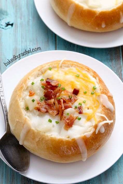 Easy homemade Italian bread bowls with loaded potato soup! Recipes from @bakedbyrachel Homemade Italian Bread, Loaded Potato Soup, Bread Bowl, Loaded Potato, Potato Bread, Weight Watchers Desserts, Homemade Italian, Italian Bread, Bread Bowls