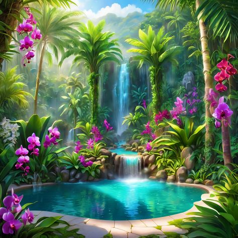 Anime Island Scenery, Anime Waterfall Scenery, Fantasy Tropical Village, Fantasy Tropical City, Tropical Kingdom Fantasy Art, Wall Texture Design, Beautiful Scenery Pictures, Photo To Cartoon, Photo Frame Gallery