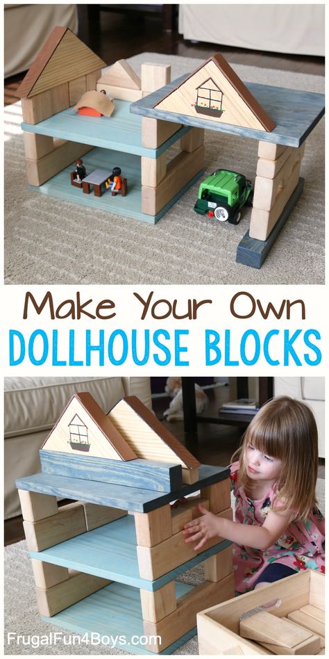 Make your own dollhouse building blocks. These blocks can easily be arranged all different ways. Creative play for preschoolers! Building Blocks Shelf, Building With Playdough, Building With Blocks Preschool, Wooden Building Blocks Storage, Blocks Preschool, Building Crafts, Wood Projects For Kids, Wooden Building Blocks, Toys Land