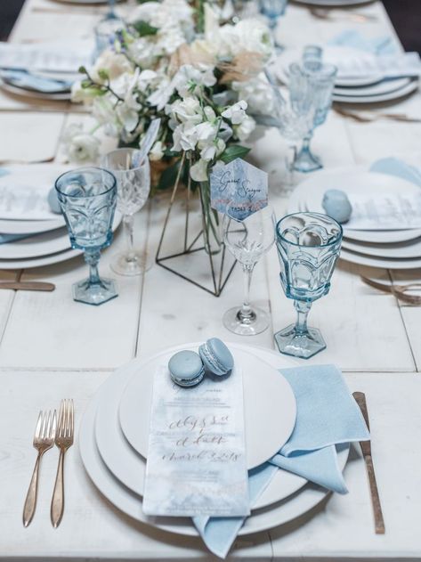 Vellum Wedding Menu with dusty blue accents | Macaroon wedding favors Light Blue Wedding Colors, Popular Wedding Colors, Best Wedding Colors, Rustic Wedding Decorations, Wedding Color Trends, Blue Wedding Inspiration, Light Blue Wedding, Spring Wedding Colors, Blue Themed Wedding