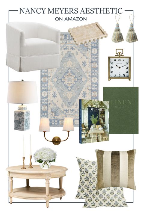 Shop our favorite Amazon home finds inspired by the classic Nancy Meyers movie style! We love her movies, and pull a lot of interior inspiration from the films. These home decor finds, curated by our interior design team, will bring Nancy Meyers to your home!

Coastal Grandmother, Blue and White, Classic Home Style, Home Decor, Home Design, Grandmillenial, Traditional Style, Cozy Home Nancy Meyers Home Decor, Nancy Meyers Homes, Nancy Meyers Interiors Living Rooms, Nancy Myers Homes Aesthetic, Nancy Meyers Living Room, Guest Bedroom And Office, Nancy Meyers Aesthetic, New England Interior, Nancy Meyers Movies