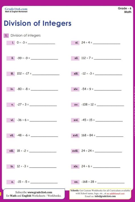 multiplication and division of integers worksheets English Worksheets For Grade 1, Multiplying Integers, Grade 6 Math Worksheets, Math Multiplication Worksheets, Worksheets For Grade 1, Cambridge Primary, Free Math Printables, Integers Worksheet, Math English