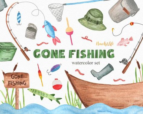 Fishing Lure Illustration, Cartoon Fishing Rod, Fishing Lure Watercolor, Fishing Watercolor Painting, River Graphic, Watercolor Fishing, Fishing Clipart, Fish Clipart, Cards Quotes