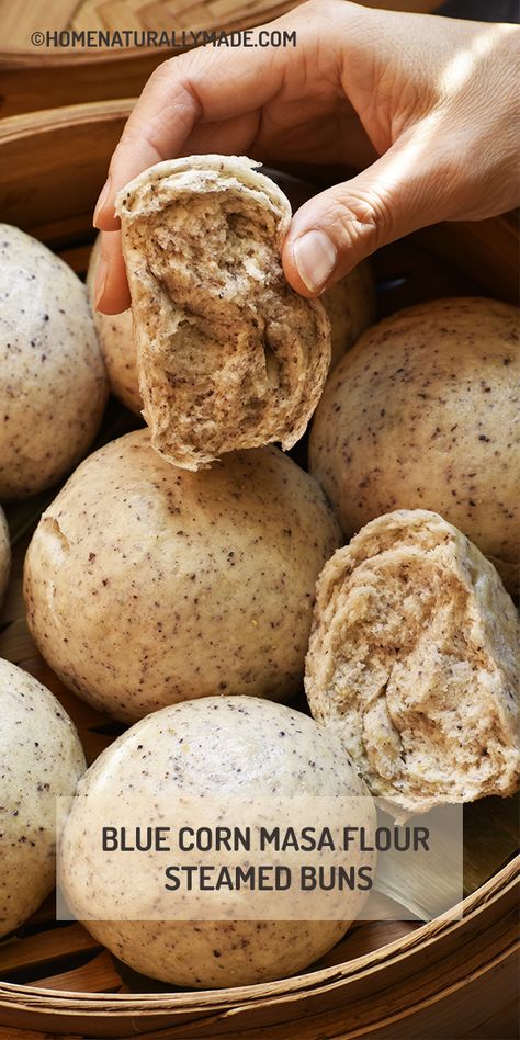 Steamed buns, or "Man Tou" in Chinese, are buns without fillings. Steamed buns made of organic blue corn masa flour are so spongy, naturally delicious, and super healthy. Masa Flour Recipes, Recipes With Masa Flour, Corn Flour Recipes, Masa Recipes, Gf Bread Recipe, Latin American Recipes, Blue Corn, Steamed Buns, Corn Recipes