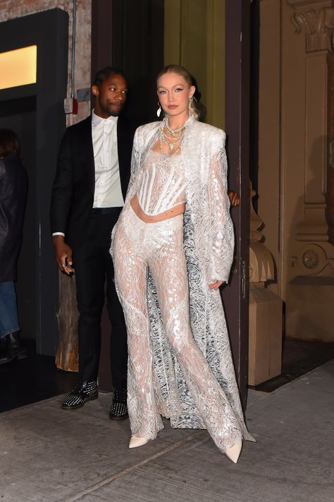 #GigiHadid took stock of all those sheer dresses, corsets, and pants, and put all three together for the ultimate birthday look. 27th Birthday Party, Gigi Hadid Looks, 27th Birthday, Birthday Fits, Lace Corset Top, Jeanne Damas, Lace Pants, Dion Lee, Emily Ratajkowski