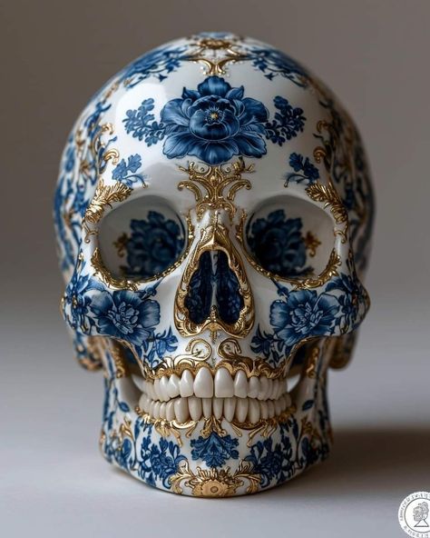 Skulls Aesthetic, Candy Skull Art, Blue Skull, Dark Bohemian Decor, Sugar Skull Animals, Ceramic Skull Painting Ideas, Mexican Skull Painting, Skull Ceramic Painting, Mexican Skull Art