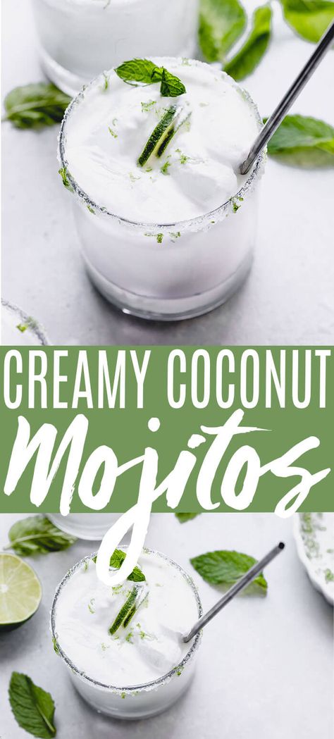 This Creamy Coconut Mojito recipe is like a pina colada and mojito in one. You just need mint, rum, lime juice & cream of coconut. // pf changs // Coconut Mojito Recipe, Tequila Mojito, Tropical Cocktail Recipes, Easy Mojito Recipe, Vodka Mojito, Mojito Recipe Classic, Mojito Ingredients, Coconut Mojito, Cream Of Coconut