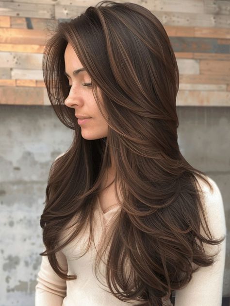 Chocolate Hair With Balayage, Chocolate Hair Color With Lowlights, Highlights For Chocolate Brown Hair, Highlight Ideas For Dark Brown Hair, Natural Brown Hair With Lowlights, Natural Waves Haircut, Dark Brown Hair Highlights And Lowlights, Brown Hair Dark Roots, Hair Highlights For Women