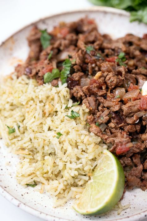 Beef Carne Picada, Carne Picada Recipes, Steak Picado, Diced Beef Recipes, Mexican Side Dish, Mexican Food Recipes Beef, Mexican Side, Steak And Rice, Taco Toppings