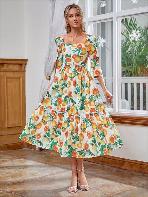 Free Returns ✓ Free Shipping On Orders $49+ ✓. Orange Print Puff Sleeve A-line Dress- Dresses at SHEIN. Yellow Boho Dress, Red Boho Dress, Peekaboo Dress, Butterfly Sleeve Dress, Ditsy Floral Dress, Dress Idea, Orange Print, Polka Dress, Puffed Sleeves Dress