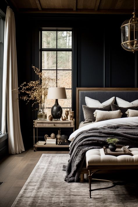 Wall Colors For Dark Wood Floors Master Bedrooms, Colorado Bedroom Ideas, Rooms With Dark Furniture, Black Romantic Bedroom, Iron Ore Bedroom, Moody Master Bedrooms Decor, Moody Primary Bedroom, Moody Romantic Bedroom, Moody Room