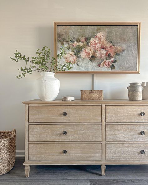 Happy Friday friends!! It has been the longest week ever, how was your week? Here’s some stills of my bedroom refresh that I’m loving 😍 Comment SHOP and I’ll send you links 🫶🏼 —————— #frametv #diyframetv #diyskinnybench #antiquebench #affordablehomedecor #organicmoderndecor #homeswithpurpose #cozyhome #homedecorgoals #makeyourhouseahome #neutralhome #homedecorinspo #homedecorideas #bedroomrefresh #boujeeonabudget #organicdecor Dresser Decor With Tv Above, Dresser Decor Bedroom, Pastel Wall Decor, Rustic Dresser, Earthy Decor, Welcome To My House, Bedroom Views, Bedroom Refresh, Dresser Decor