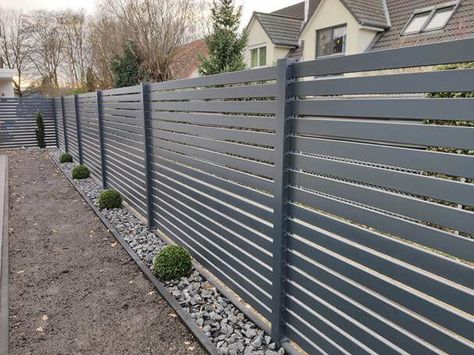 Grey Fence, Palisade Fence, Driveway Fence, Modern Fence Design, House Fence Design, Privacy Fence Designs, Front Fence, Brick Fence, Horizontal Fence