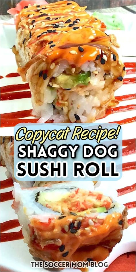 The shaggy dog roll is a sushi restaurant classic and The Soccer Mom Blog shares how to make it at home! The shaggy dog roll is ubiquitous at sushi restaurants around the country, and for good reason! It’s crispy, creamy, and a little bit spicy! This homemade recipe is surprisingly easy! Try it out this weekend! Shaggy Dog Sushi Recipe, Keto Sushi, Asian Treats, Restaurant Classic, Sushi Recipes Homemade, Sushi Roll Recipes, Shaggy Dog, Roll Sushi, Easy Sushi