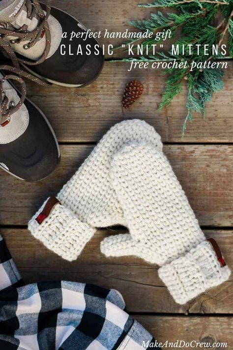 This is crochet?! This free crochet mitten pattern uses the waistcoat stitch (aka the center single crochet stitch) to create a classic knit look. And the Lion Brand Fishermen's Wool makes them naturally water resistant! Get the free Morning Mittens pattern from Make & Do Crew. Crocheted Mittens, Fair Isle Crochet, Mittens Crochet, Crochet Mitts, Mitten Pattern, Crochet Mittens Pattern, Make And Do Crew, Crochet Fingerless Gloves, Make Do